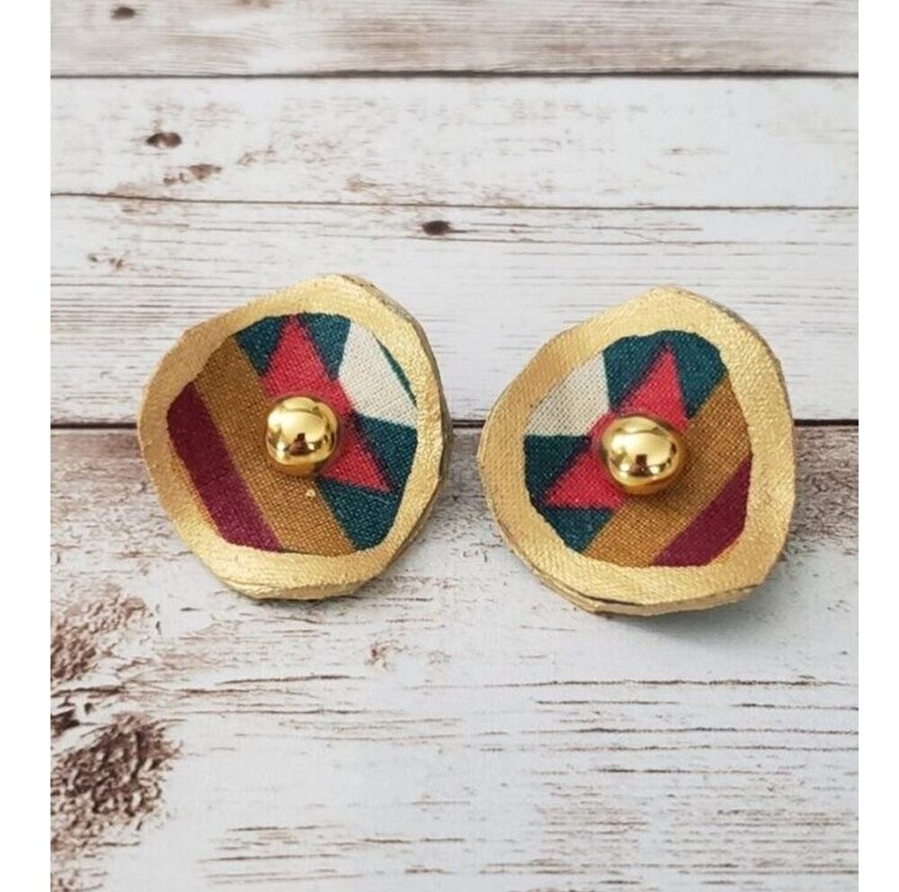 Vintage Clip On Earrings - Statement Gold Tone with Cream, Green, Red